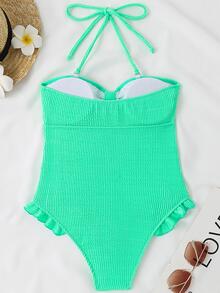 Plain Smocked Ruffle Trim Halter One Piece Swimsuit - Green - View 2