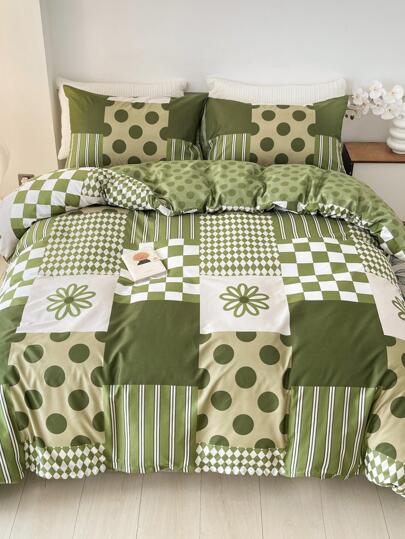 3-piece Modern Flower And Geometric Pattern Duvet Cover Set, Includes 1 Duvet Cover And 2 Pillowcases