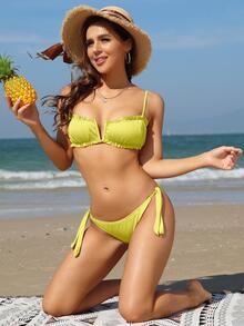 Frill Trim Tie Side Bikini Set For Summer Beach - Yellow - View 3