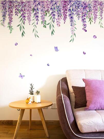1 件紫藤和蝴蝶图案家居装饰墙贴，贴纸，墙贴花，乙烯基贴花用于家居装饰，春季装饰品让您的家焕然一新，拉玛装饰贴纸礼物生日毕业