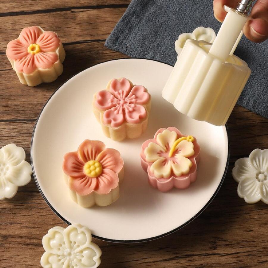 4pcs/set Mooncake Mould Press Pattern Cake Decoration Plastic Mould, Sakura Mooncake Mould, Mung Bean Cake Dessert Supplement, Chinese Snack, Dim Sum, Ice Skin, Hand-pressed, Home Baking - White - View 1