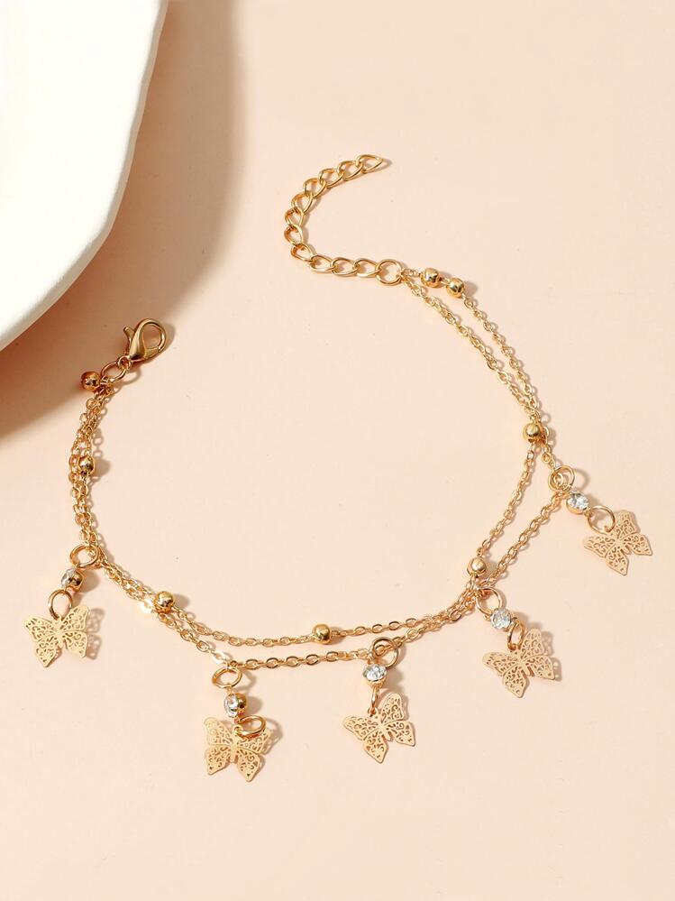 水鑽裝飾蝴蝶墜飾踝皮帶 - 金色 - 查看 3