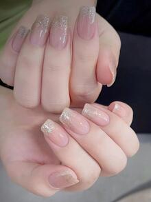 提升你的風格帶24入組短方形金屬亮絲全覆蓋假指甲成套工具 - 彩色 - 查看 1