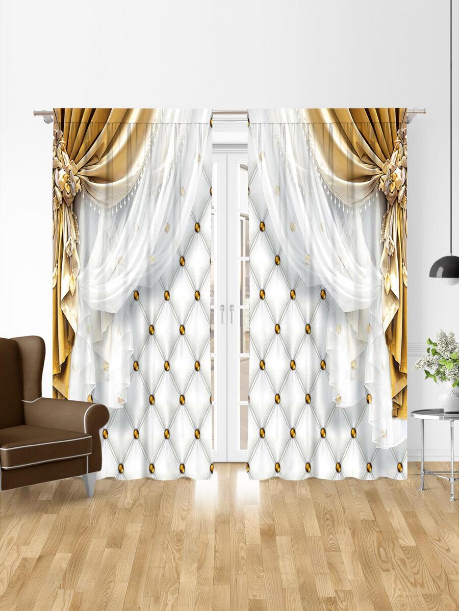 2pcs Modern Yellow Window Curtain With Decorative Drapery Rod - Multicolor - View 1