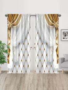 2pcs Modern Yellow Window Curtain With Decorative Drapery Rod - Multicolor - View 3