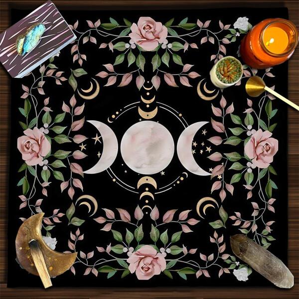1pc Floral & Moon Tablecloth - Wiccan Home Decoration, Holiday Gift, Cloth Art