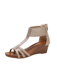 女性後拉鍊坡跟涼鞋,度假戶外坡跟羅馬涼鞋 - 金色 - 查看 2