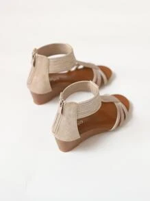 女性後拉鍊坡跟涼鞋,度假戶外坡跟羅馬涼鞋 - 金色 - 查看 3