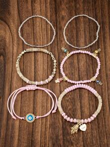 6pcs Evil Eye & Heart Charm Beaded Bracelet Valentines,Mom,Mother,Mother's Day,Gift - Multicolor - View 2