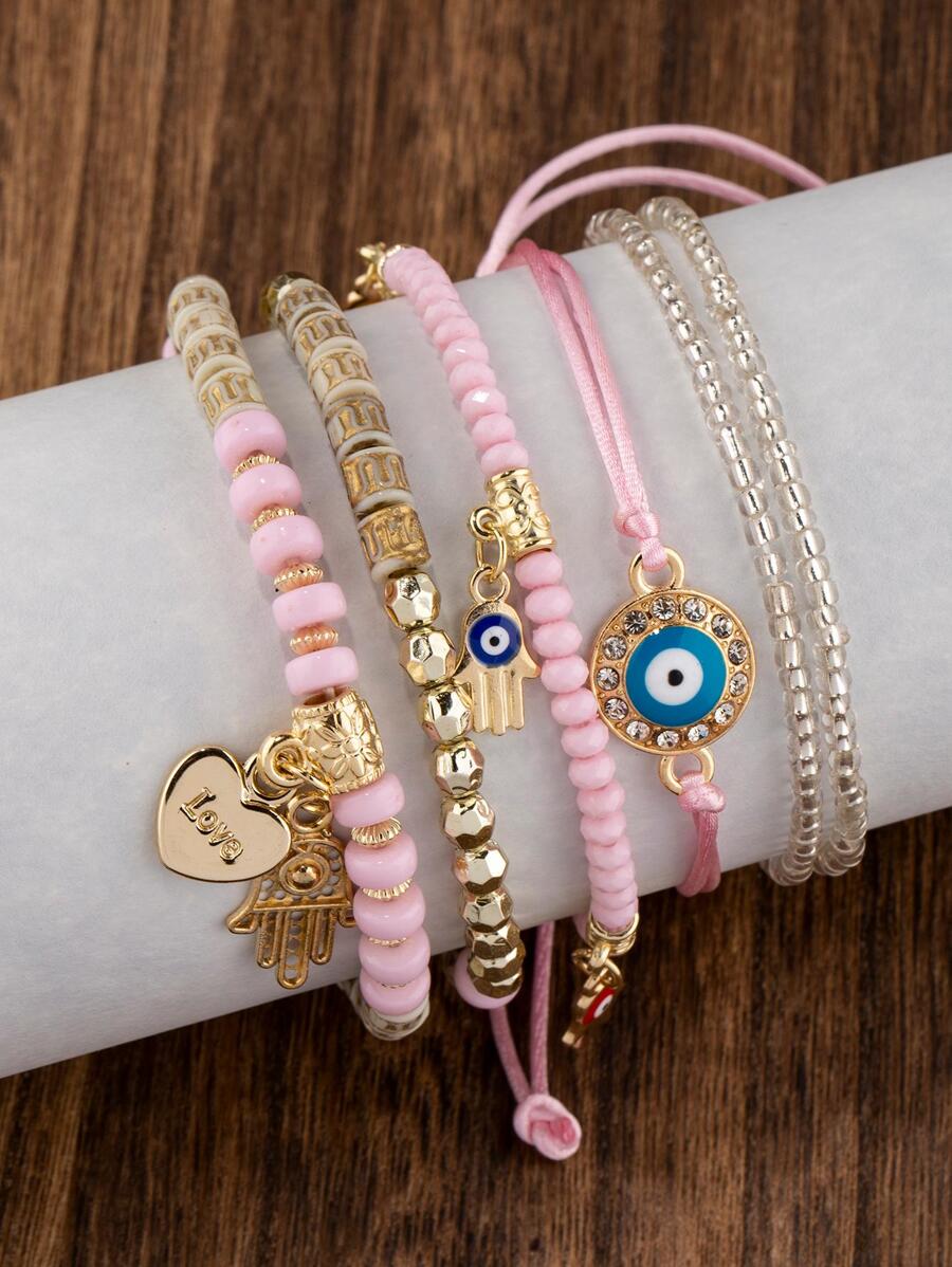 6pcs Evil Eye & Heart Charm Beaded Bracelet Valentines,Mom,Mother,Mother's Day,Gift - Multicolor - View 1