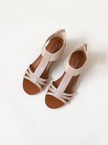 女性後拉鍊坡跟涼鞋,度假戶外坡跟羅馬涼鞋 - 金色 - 查看 4