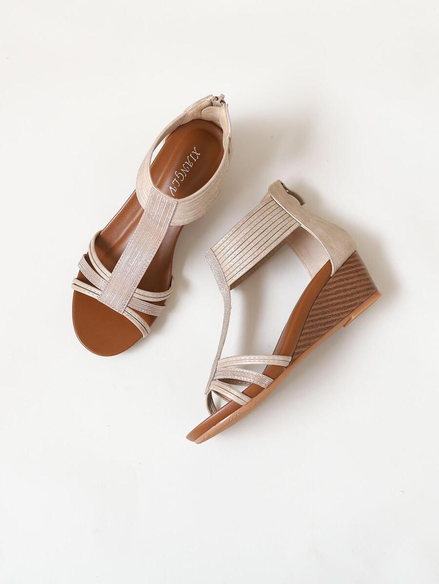 女性後拉鍊坡跟涼鞋,度假戶外坡跟羅馬涼鞋 - 金色 - 查看 1