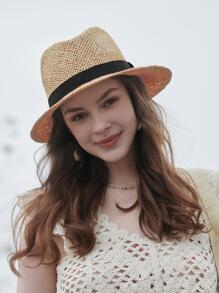 LEAJOURNO. 織帶裝飾草編帽 - 卡其色 - 查看 12