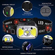 可充電頭燈,運動感測器LED頭燈1000流明超亮頭燈,防水手電筒帶白色和紅色燈,14模式頭燈手電筒適用於野營自行車跑步 - 黑色 - 查看 8
