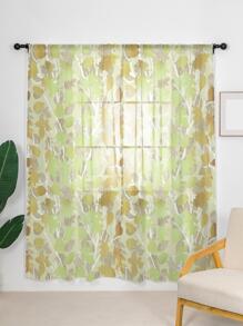 1 pieza Cortina color dorado transparente con planta con estampado de hoja - Multicolor - Ver 1