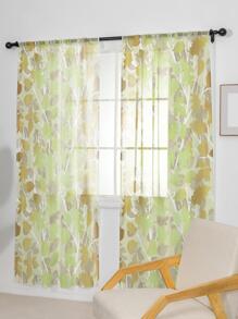 1 pieza Cortina color dorado transparente con planta con estampado de hoja - Multicolor - Ver 2