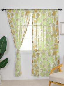 1 pieza Cortina color dorado transparente con planta con estampado de hoja - Multicolor - Ver 3