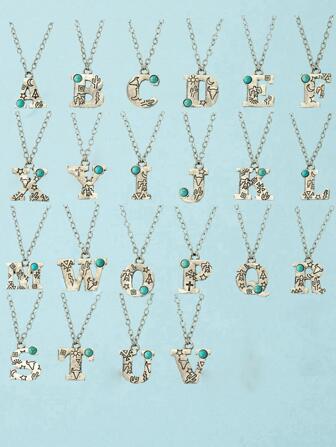 1pc Gothic Style Vintage Western Cowboy Style Turquoise Letter Pendant Necklace For Women, Festival Gift, Beach Vacation, Party, Nightclub Jewelry