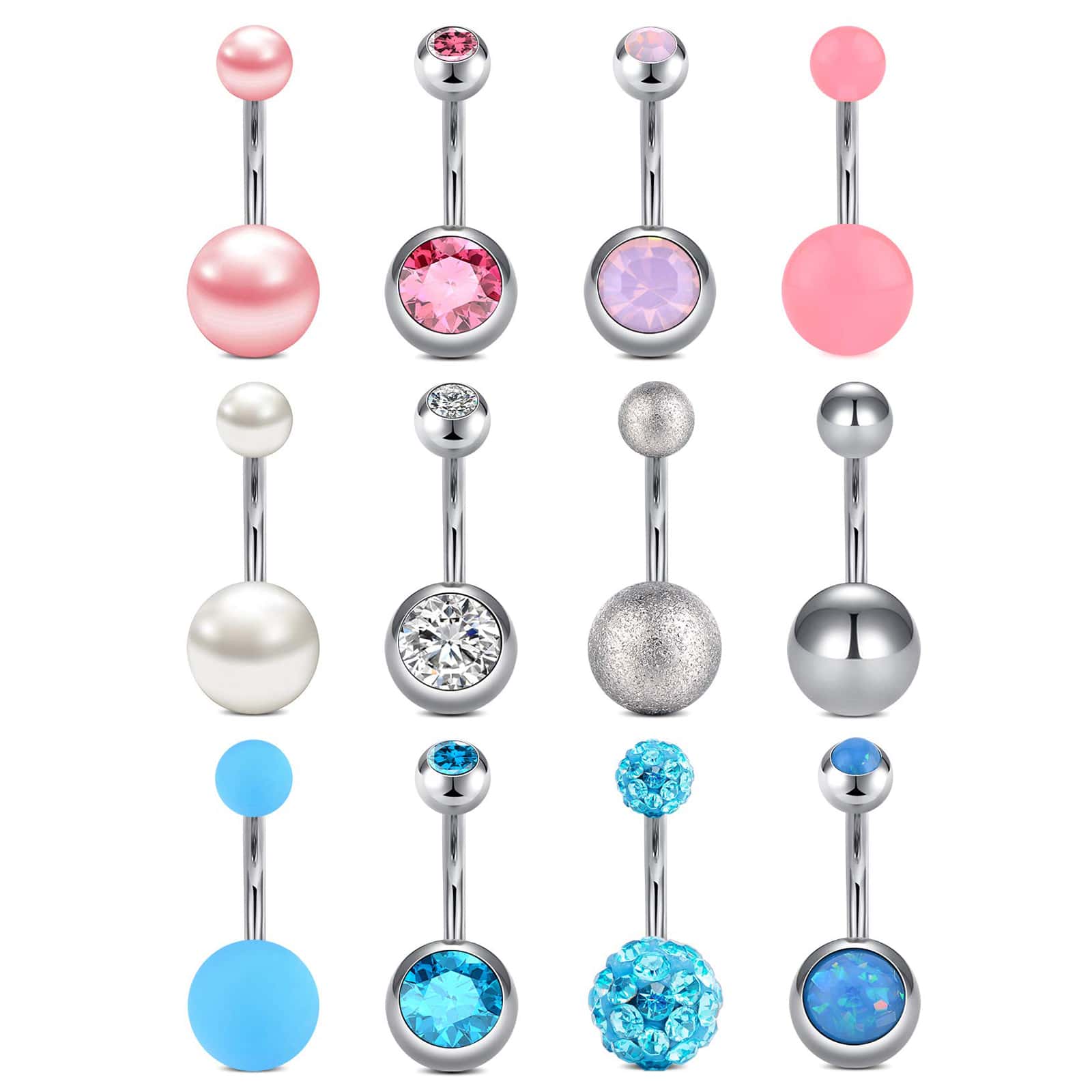 1套12入組女士彩色時尚不銹鋼肚臍環 - 粉白藍 - 查看 1