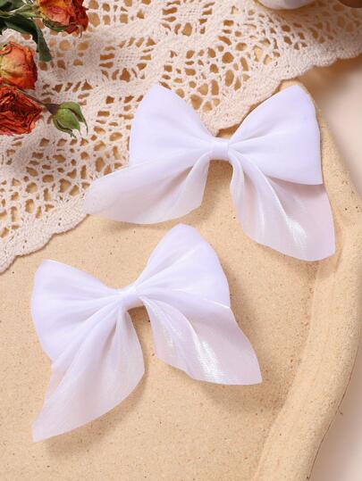12/2pcs Children's Chiffon Bow Hair Clips, Solid Color, Minimalist & Fashionable