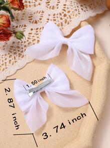 12/2件儿童雪纺蝴蝶结发夹，纯色，简约时尚 - 白色 - 查看 4