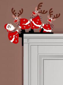 1pc Christmas Elk & Santa Claus Design Wall Hanging,Home Decor ,Room Decor,Wall Decor - Red and White - View 4