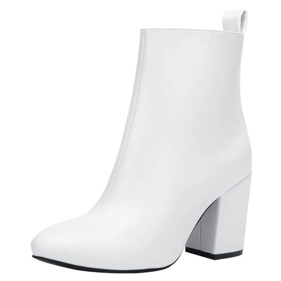 Women's 9637 Point Toe Heeled BootsDressy Block Heel Ankle Booties with Side Zipper - White - View 1