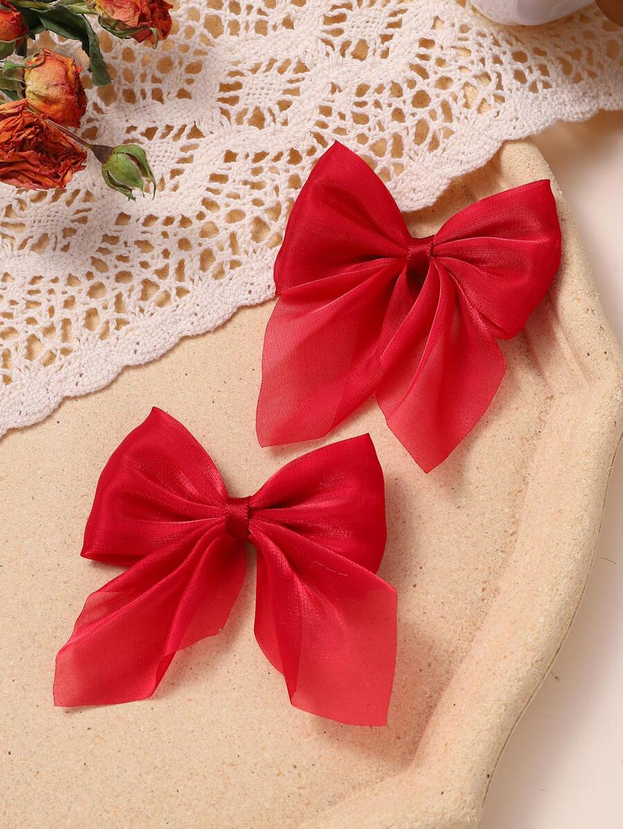 12/2pcs Children's Gauze Bow Hair Clips, Suitable For Daily Wear - Burgundy - View 1