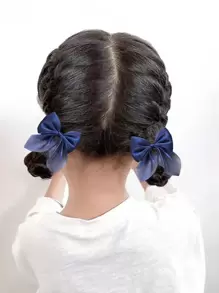 12/2pcs Children's Chiffon Bow Hair Clips, Solid Color, Minimalist & Fashionable - Navy Blue - View 2