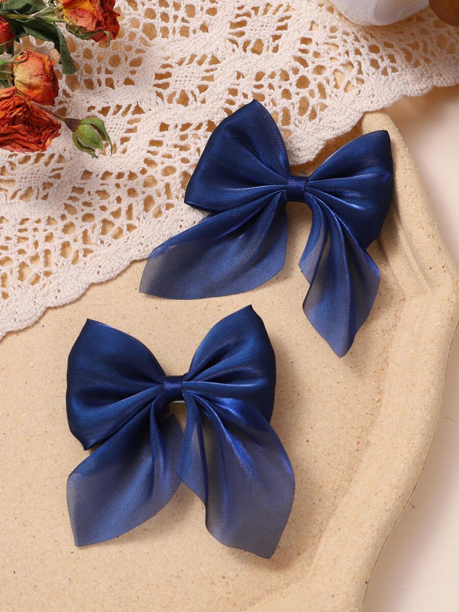 12/2pcs Children's Chiffon Bow Hair Clips, Solid Color, Minimalist & Fashionable - Navy Blue - View 1