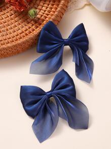 12/2pcs Children's Chiffon Bow Hair Clips, Solid Color, Minimalist & Fashionable - Navy Blue - View 5