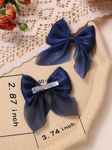 12/2pcs Children's Chiffon Bow Hair Clips, Solid Color, Minimalist & Fashionable - Navy Blue - View 4