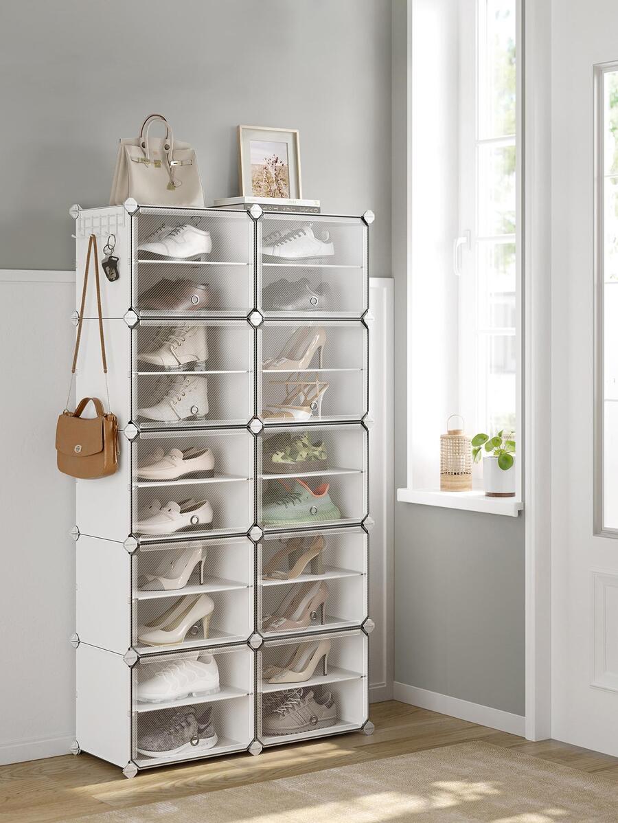 SONGMICS Shoe Rack, 10 Cubes Shoe Organizer With Doors, 40 Pair Plastic Shoe Storage Cabinet, For Bedroom, Entryway, Steel Frame, Plastic Panel - 白色 - 查看 1