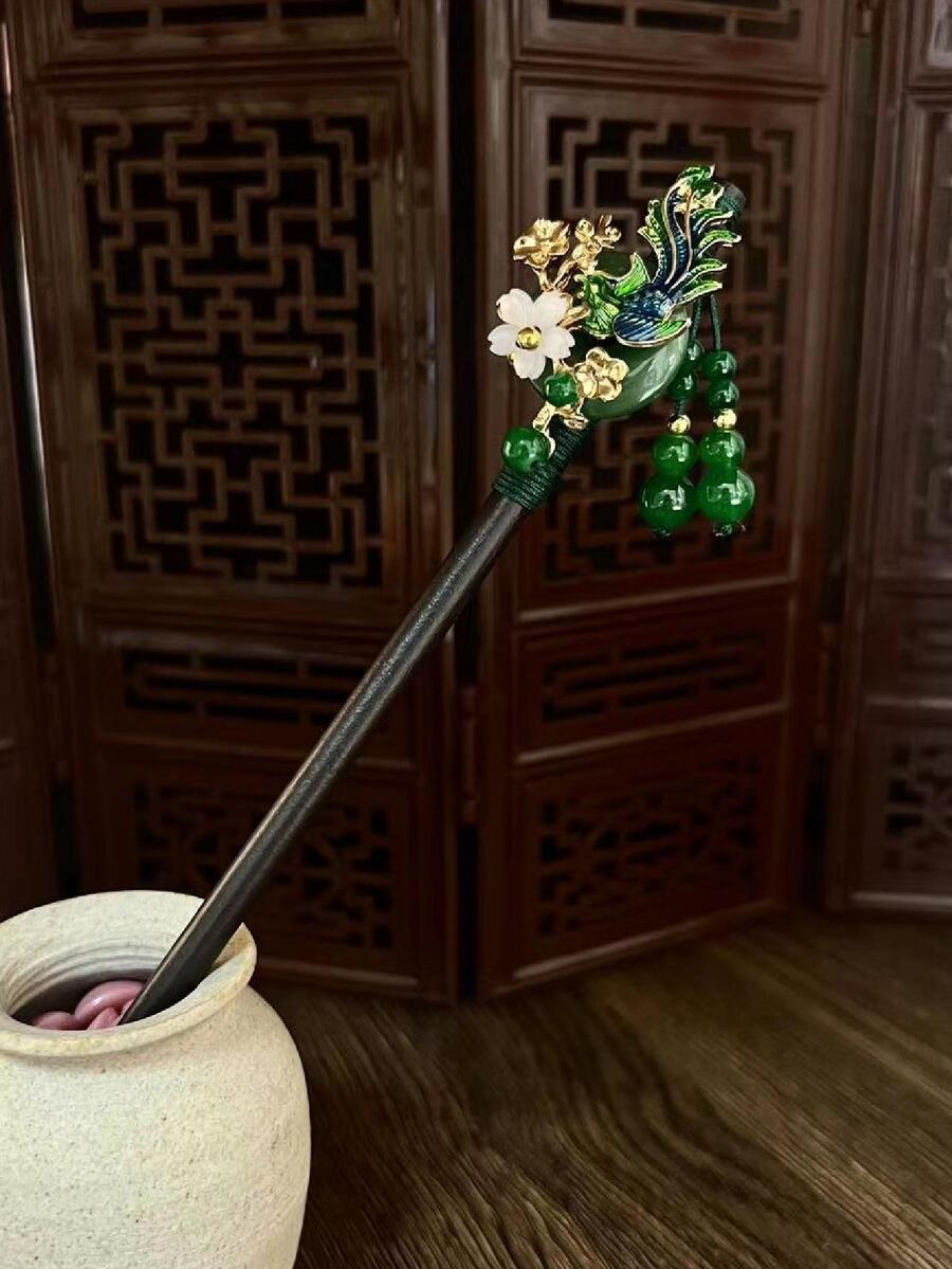 1入組女士花和珠子裝飾中式髮夾適用於頭髮裝飾用品