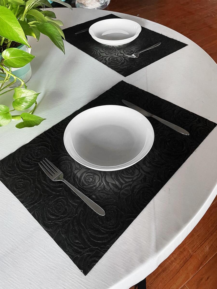1入組防水&耐油地滌綸壓花玫瑰花餐墊適用於野餐派對 - 黑色 - 查看 1