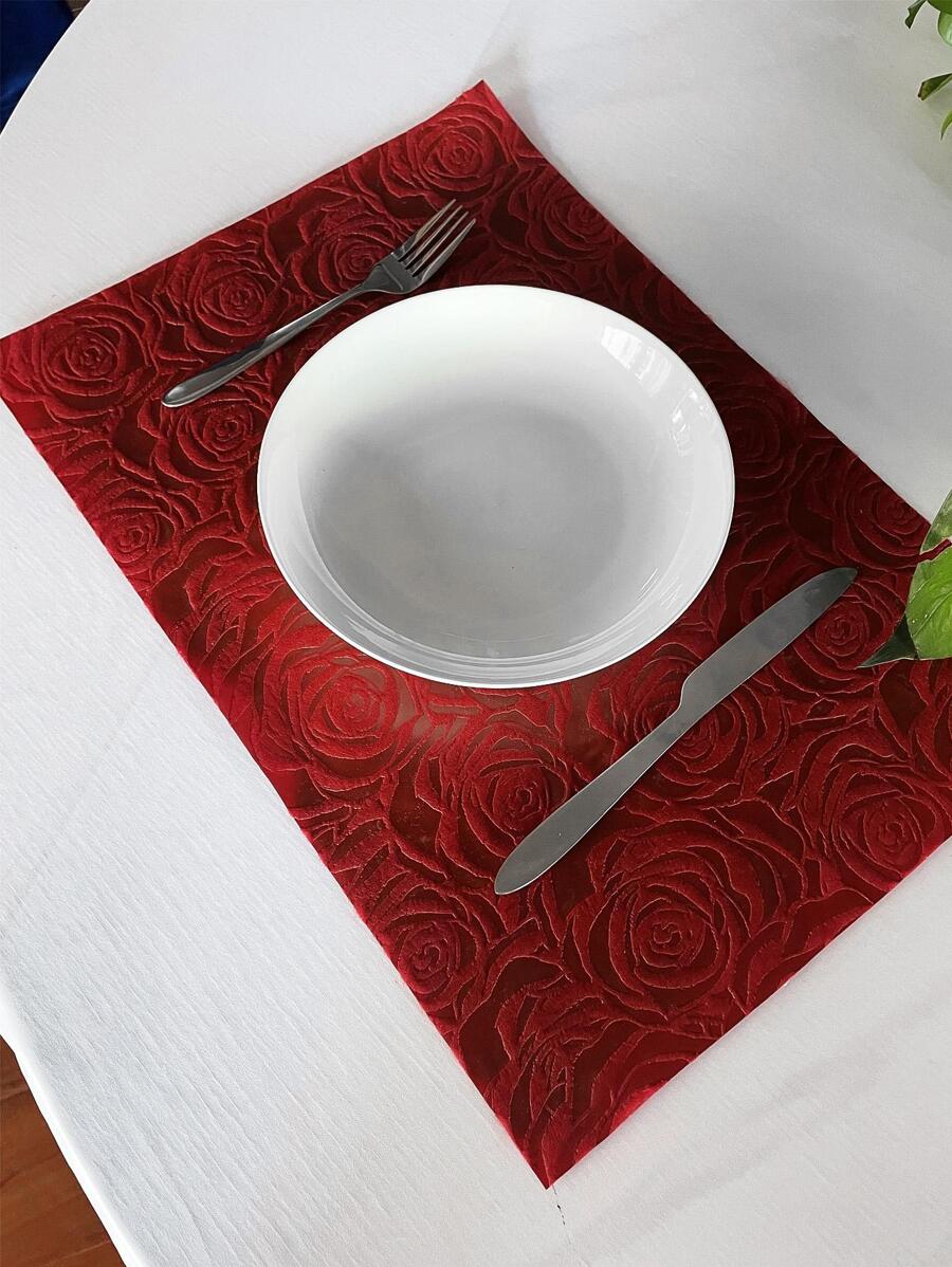 1 pieza Tapete de mesa impermeable & a prueba de aceite poliéster en relieve rosa flor , adecuado para picnic fiestas - Rojo - Ver 1