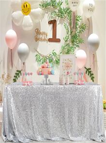 Personalized Silver Sequin Tablecloth, Party Decor Glitter Table Cover - Silver - View 2