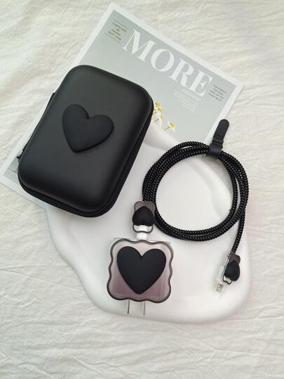 Set de 6 piezas de protector de cable de datos con decoración de corazón, tapa para cabezal de carga y bolsa de almacenamiento, compatible con cable de , organizador de cables