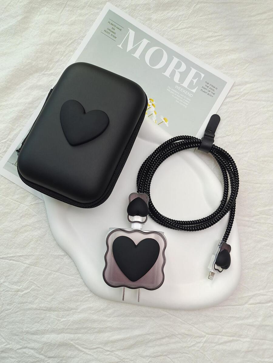 6pcs Heart Decor Data Cable Protector & Charging Head Cover & Storage Bag Set Compatible With IPhone Cable Organizer - Black - View 1