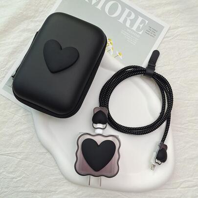 Set de 6 piezas de protector de cable de datos con decoración de corazón, tapa para cabezal de carga y bolsa de almacenamiento, compatible con cable de , organizador de cables