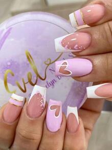 Nâng tầm phong cách của bạn với 24 chiếc Bộ móng tay giả họa tiết hình trái tim quan tài dài - Nhiều màu - Xem 1