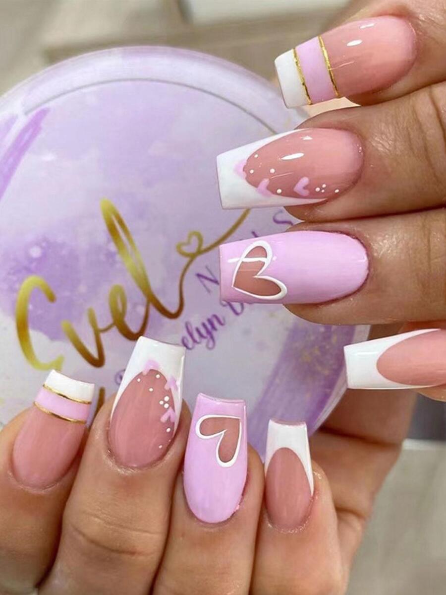 Nâng tầm phong cách của bạn với 24 chiếc Bộ móng tay giả họa tiết hình trái tim quan tài dài - Nhiều màu - Xem 1