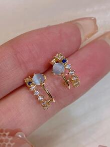 Simple & Delicate Small Cat's Eye Stone Romantic Blue Stud Earrings For Daily Wear & Commuting - Gold - View 1