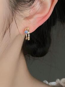 Simple & Delicate Small Cat's Eye Stone Romantic Blue Stud Earrings For Daily Wear & Commuting - Gold - View 2