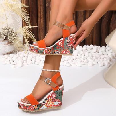 2024 Summer Women's Thick-Soled Wedge Heel Floral Pattern Fashionable High Heel & High Waterproof Platform Ankle Strap Sandals, Plus Size