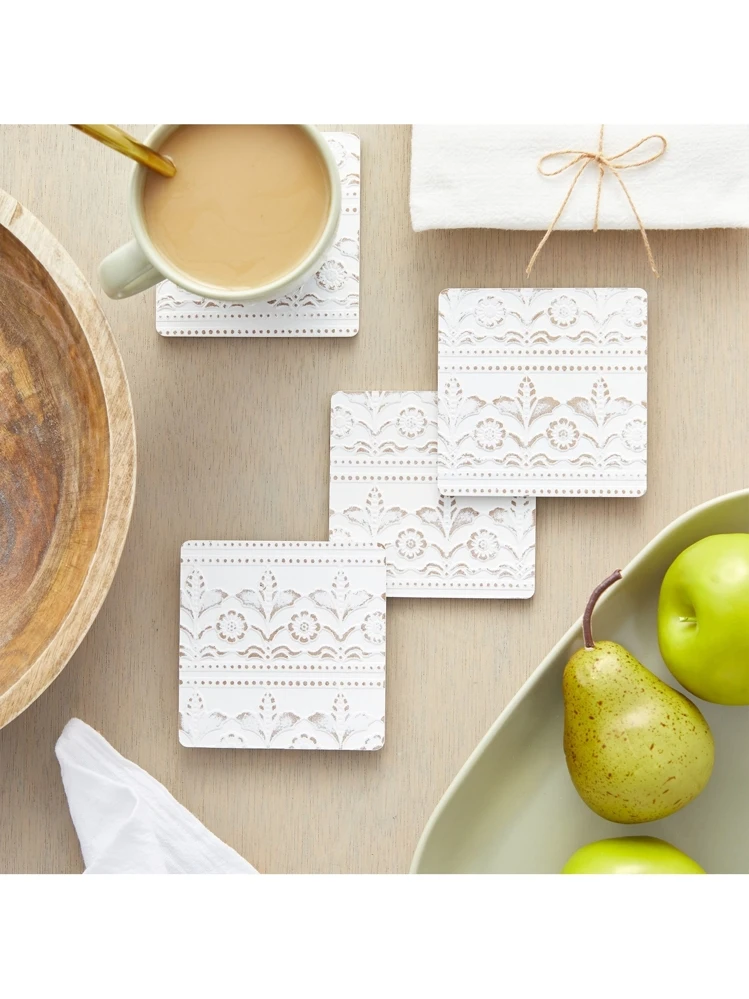JUVALE Set Of 6 Wooden White Coasters With Holder For Drinks