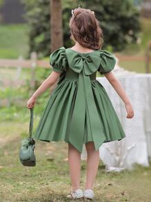 小女孩缎面泡泡袖蝴蝶结优雅花童婚礼礼服，适合庆祝派对，不含头饰 - 墨綠色 - 查看 5