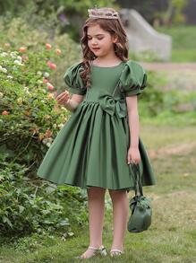 小女孩缎面泡泡袖蝴蝶结优雅花童婚礼礼服，适合庆祝派对，不含头饰 - 墨綠色 - 查看 6