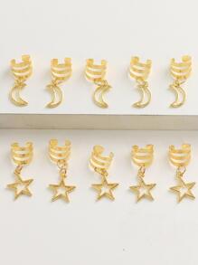 Hair Rings - Mixed Star And Moon Design, 10pcs/Pack Boho - Gold - View 2