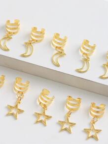 Hair Rings - Mixed Star And Moon Design, 10pcs/Pack Boho - Gold - View 4